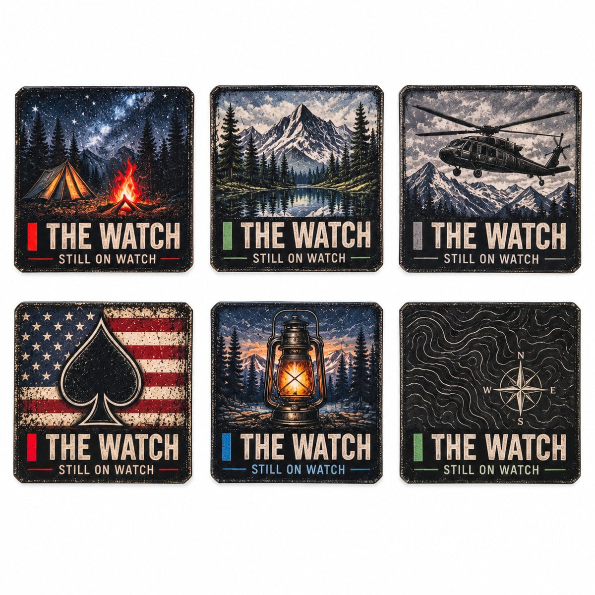Six The Watch UV decal designs: Helicopter, Mountain Lake, Campfire, Flag Spade, Lantern, and Topographic Compass.