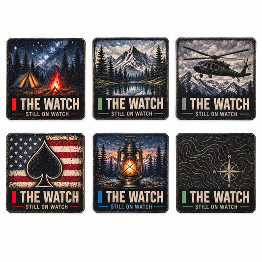 Six The Watch UV decal designs: Helicopter, Mountain Lake, Campfire, Flag Spade, Lantern, and Topographic Compass.