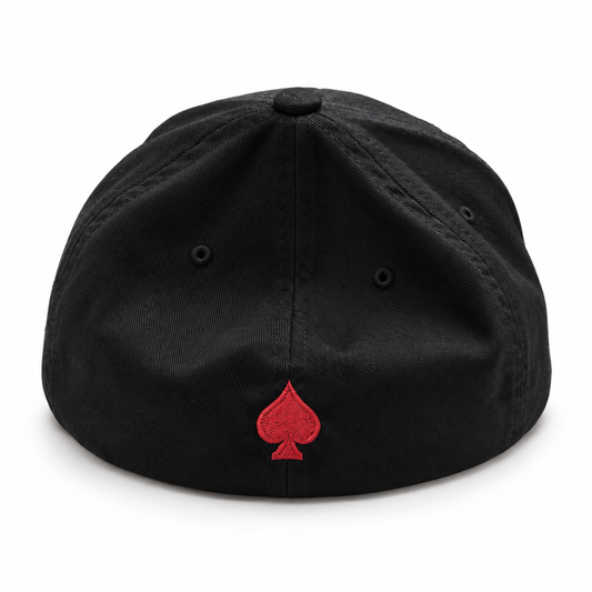 Rear view of black The Watch Flexfit hat with red embroidered spade