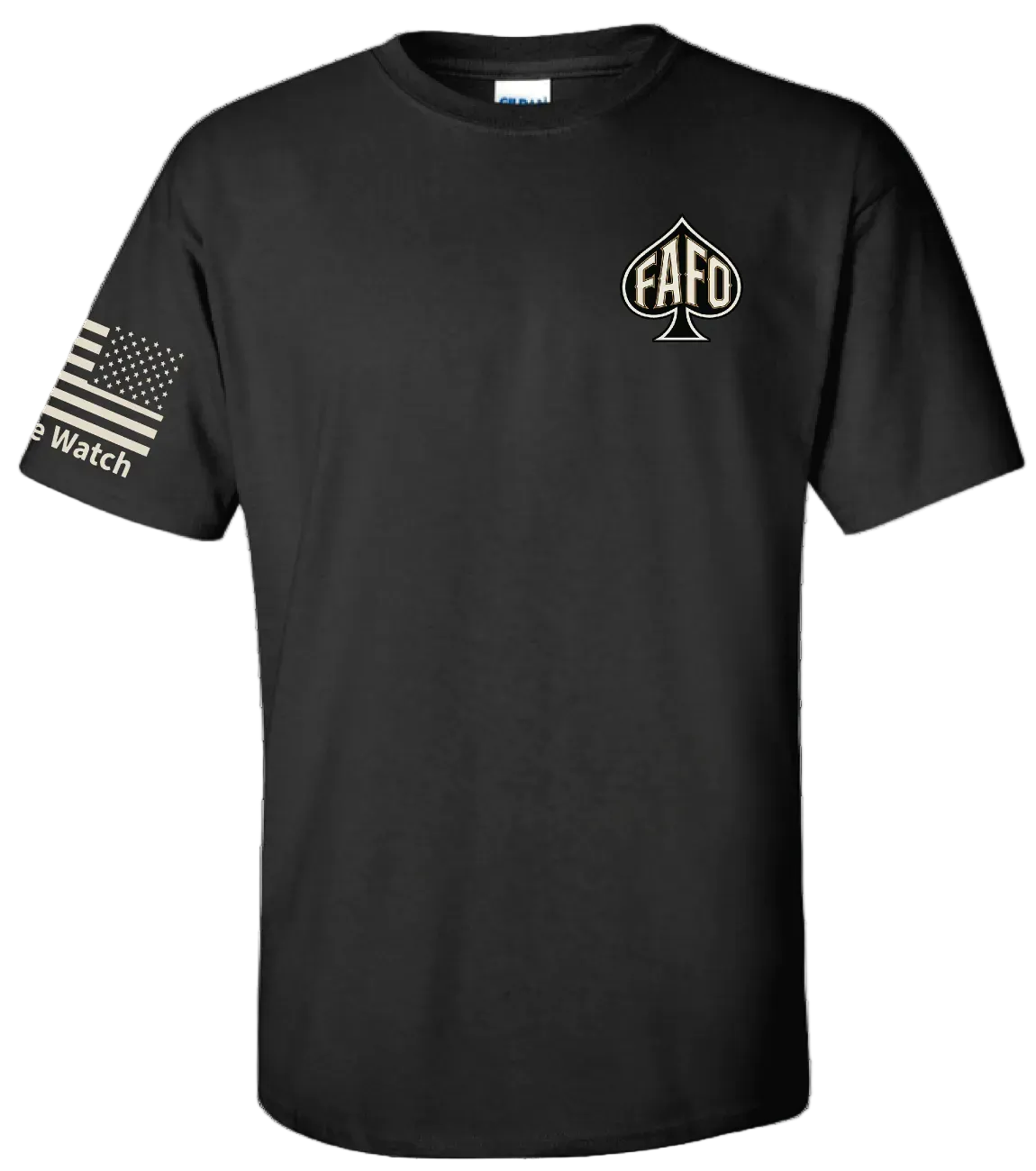 A black short-sleeve t-shirt with a distressed white graphic on the left chest featuring an spade with the letters 'FAFO' and a distressed American flag on the right sleeve with the text 'The Watch'.