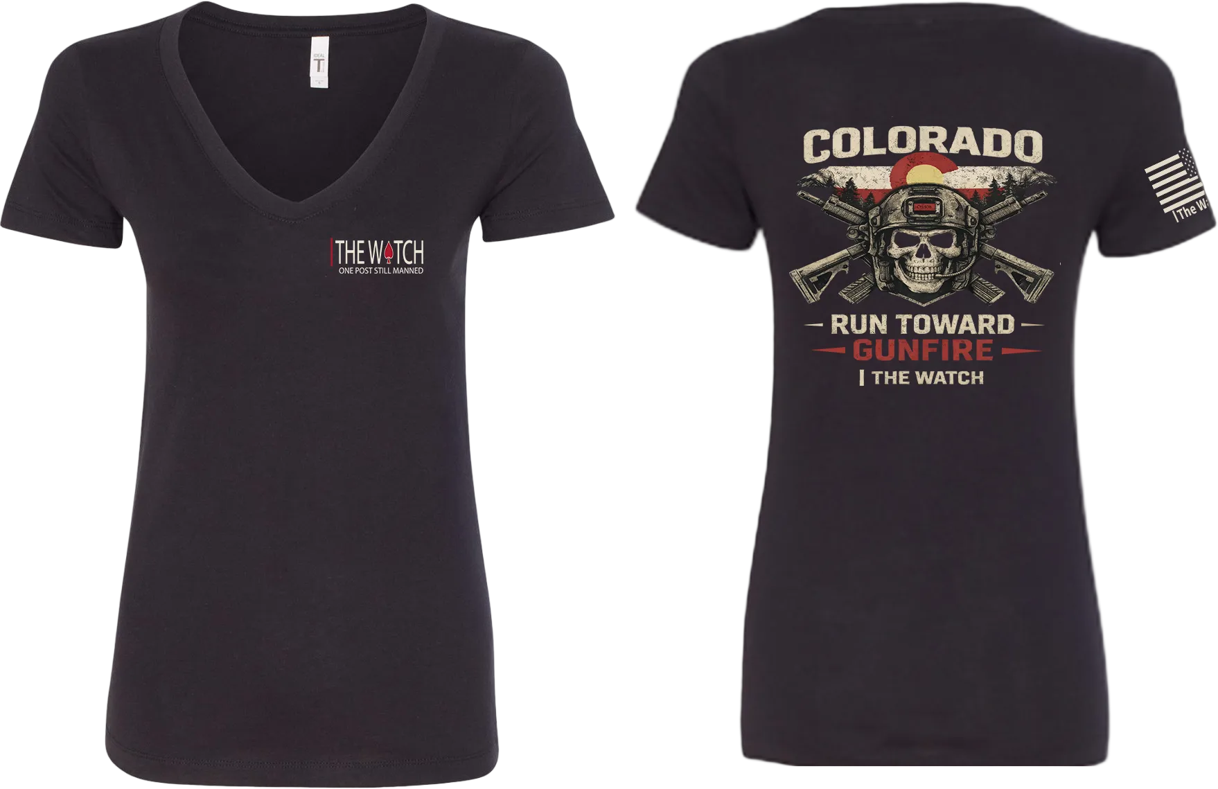 The Watch Brand Women's Run Toward Gunfire V-Neck - front and back view