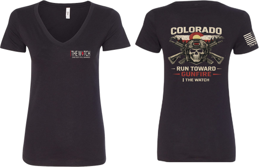 The Watch Brand Women's Run Toward Gunfire V-Neck - front and back view