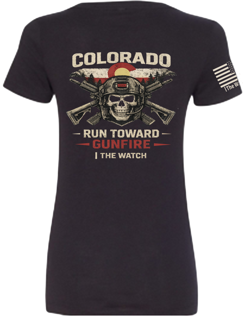 Back view of Run Toward Gunfire V-Neck Tee from The Watch