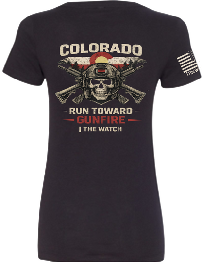 Back view of Run Toward Gunfire V-Neck Tee from The Watch