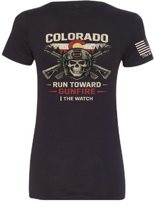 Back view of Run Toward Gunfire V-Neck Tee from The Watch