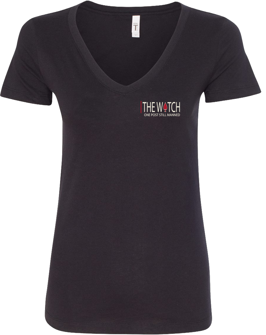 Front view of Run Toward Gunfire V-Neck Tee from The Watch