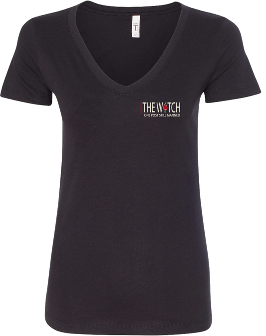 Front view of Run Toward Gunfire V-Neck Tee from The Watch