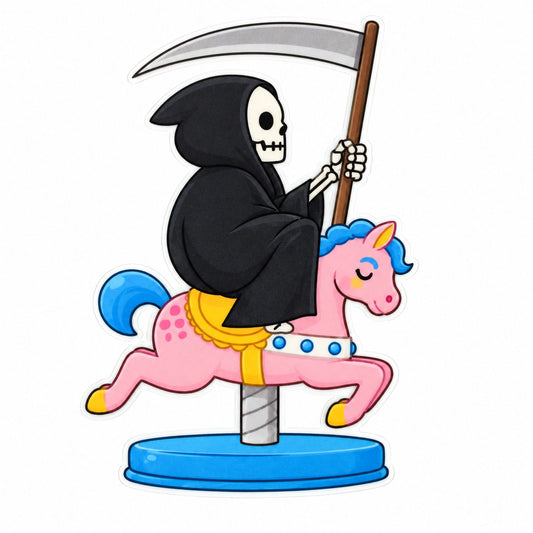 UV decal of a hooded reaper holding a scythe while riding a pink carousel horse with a blue mane and base.