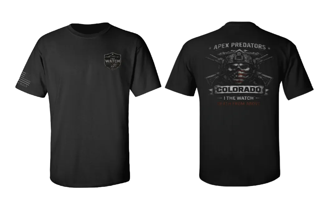 Black short-sleeve t-shirt shown from the front and back. The front features a small dark gray crest logo on the left chest.