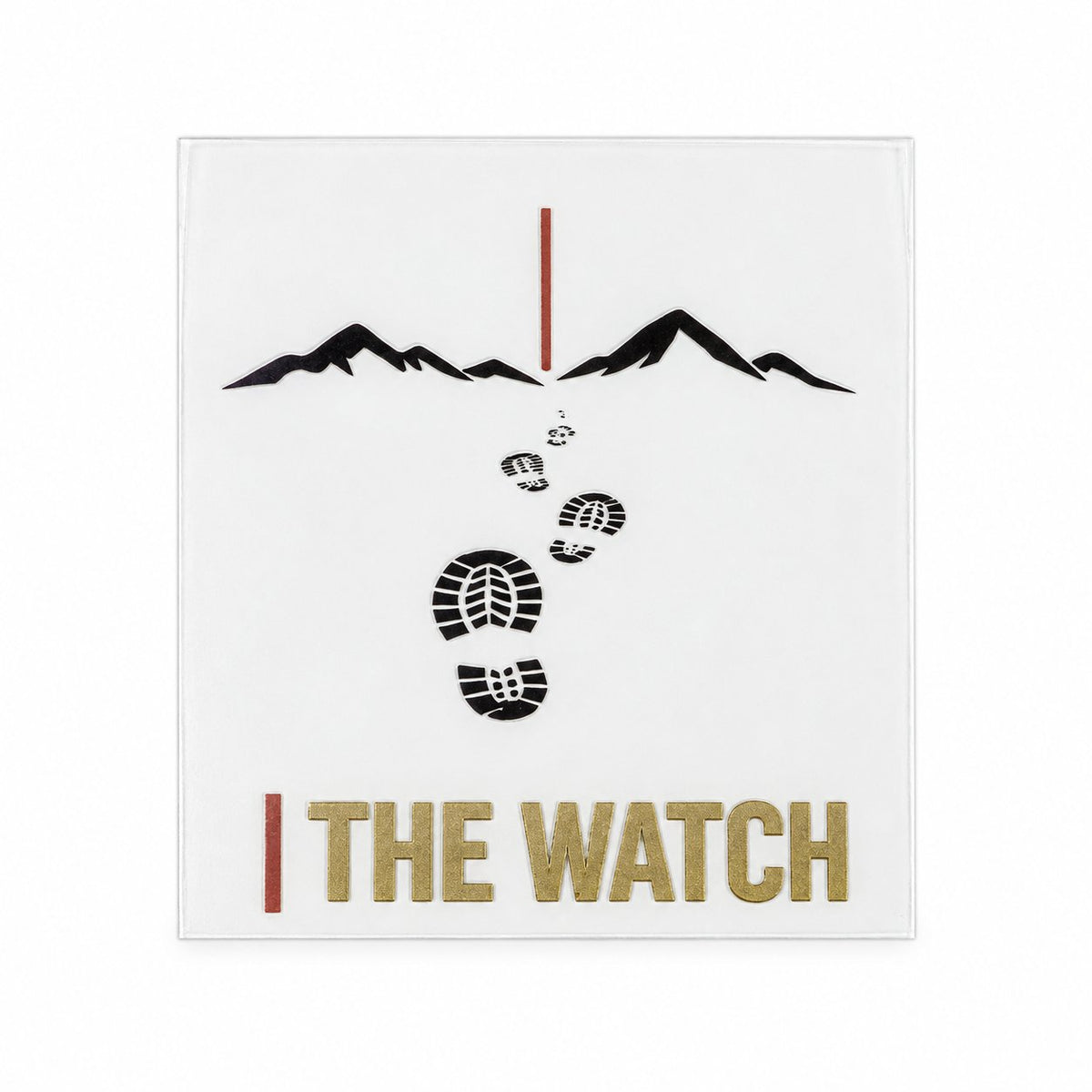Footsteps UV decal showing a trail of boot prints toward mountains, a red pillar, and The Watch wordmark.