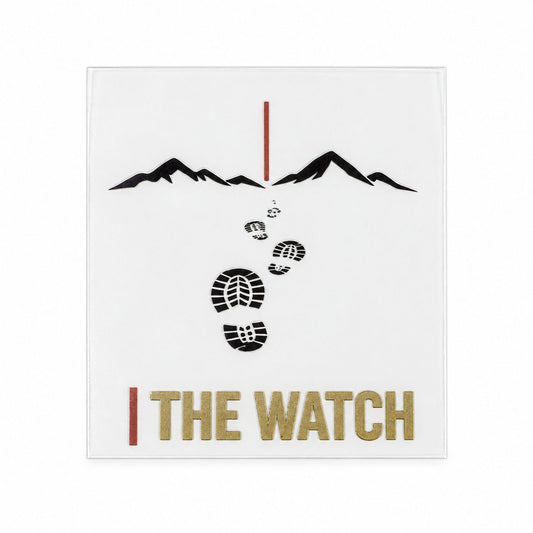 Footsteps UV decal showing a trail of boot prints toward mountains, a red pillar, and The Watch wordmark.