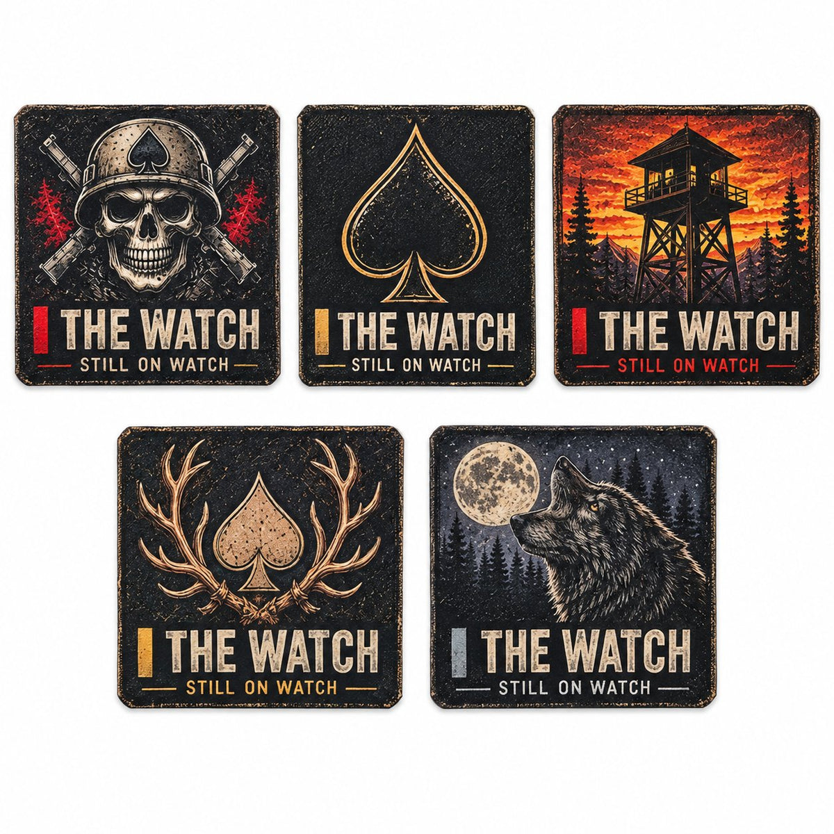 Five The Watch UV decal designs: Helmet Skull, Outline Spade, Watchtower, Antler Spade, and Wolf and Moon.