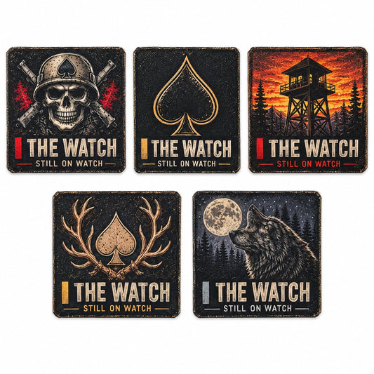 Five The Watch UV decal designs: Helmet Skull, Outline Spade, Watchtower, Antler Spade, and Wolf and Moon.