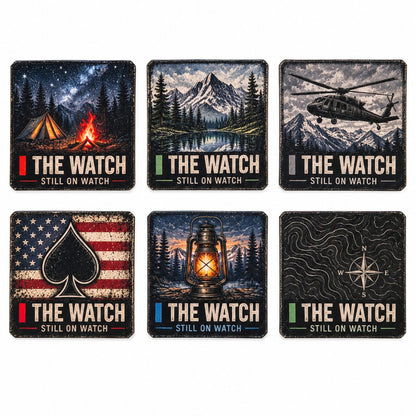 Six The Watch UV decal designs: Helicopter, Mountain Lake, Campfire, Flag Spade, Lantern, and Topographic Compass.