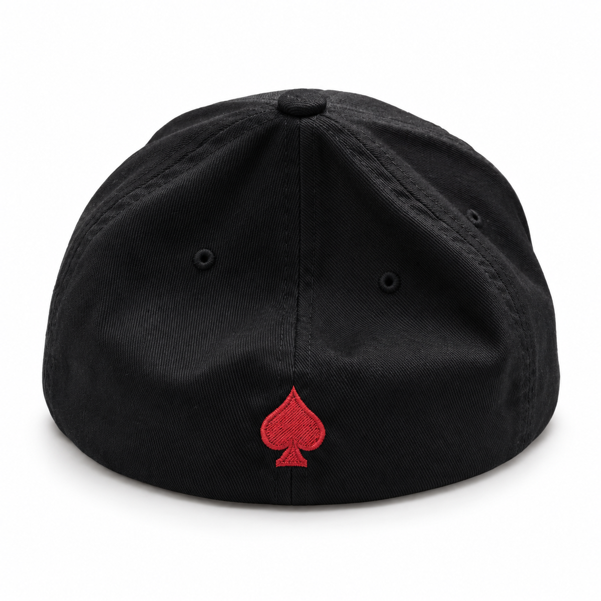 Rear view of black The Watch Flexfit hat with red embroidered spade