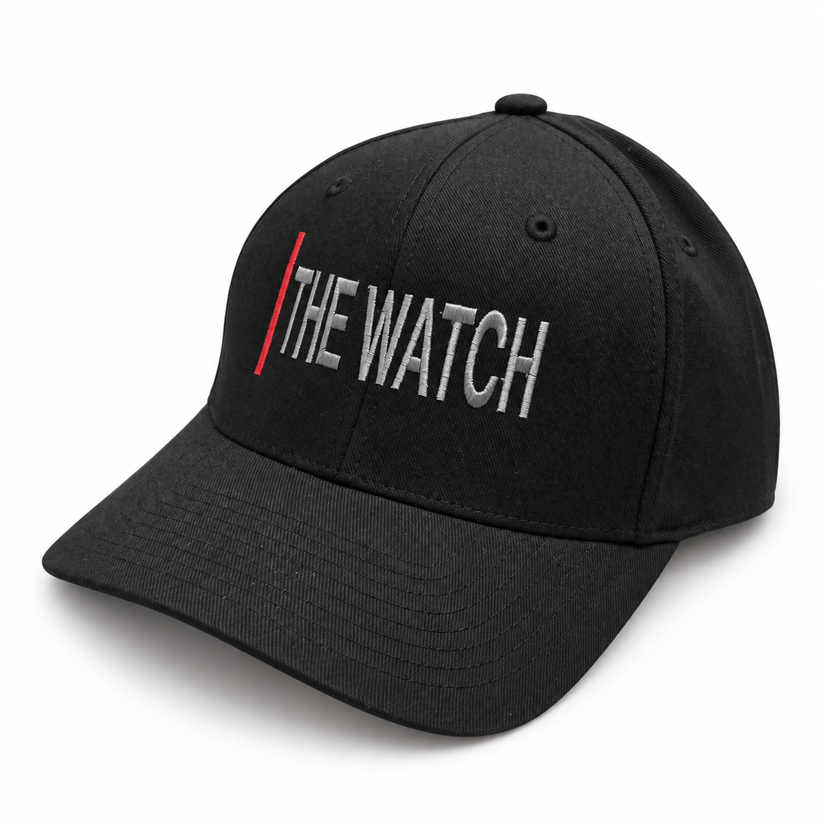 Black The Watch Flexfit hat with centered front silver embroidery and red pillar