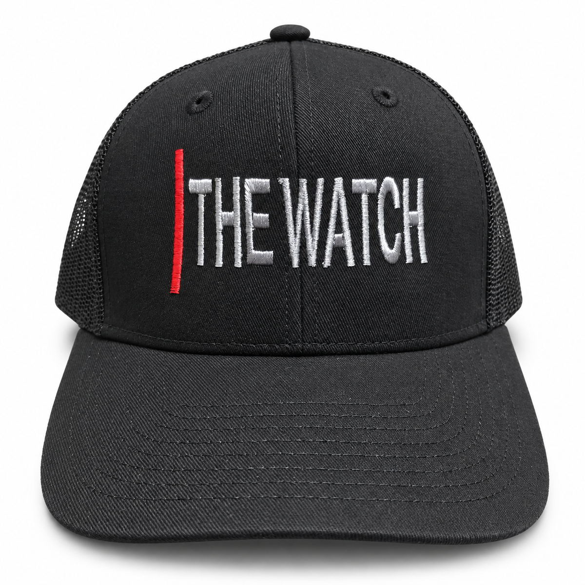 Black The Watch mesh-back hat with centered front silver embroidery and red pillar