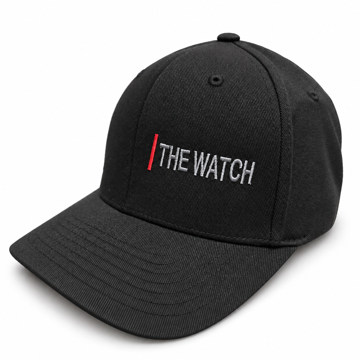 Black The Watch Flexfit hat with small left-front silver embroidery and red pillar
