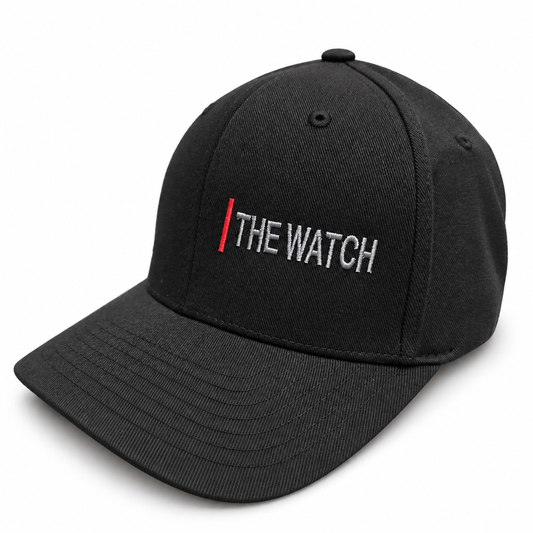 Black The Watch Flexfit hat with small left-front silver embroidery and red pillar