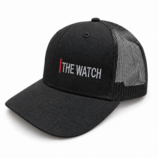 Black The Watch mesh-back hat with small left-front silver embroidery and red pillar