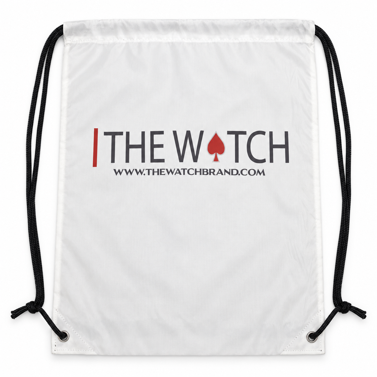 White The Watch drawstring bag with charcoal logo, red pillar and spade, black cords, and reinforced corners