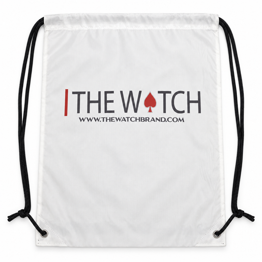 White The Watch drawstring bag with charcoal logo, red pillar and spade, black cords, and reinforced corners