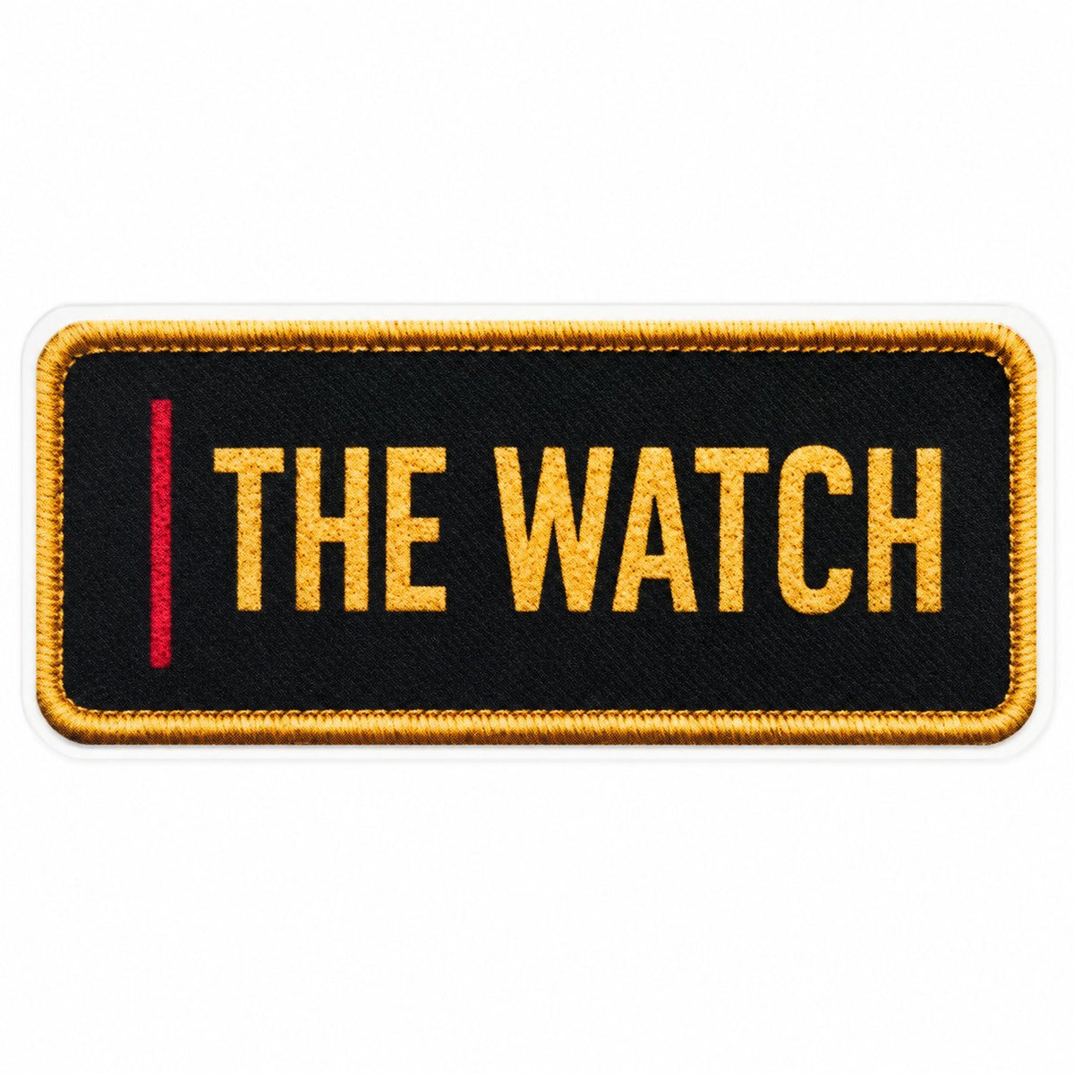 The Watch name tag UV decal with a printed gold embroidery effect on black and a red pillar.