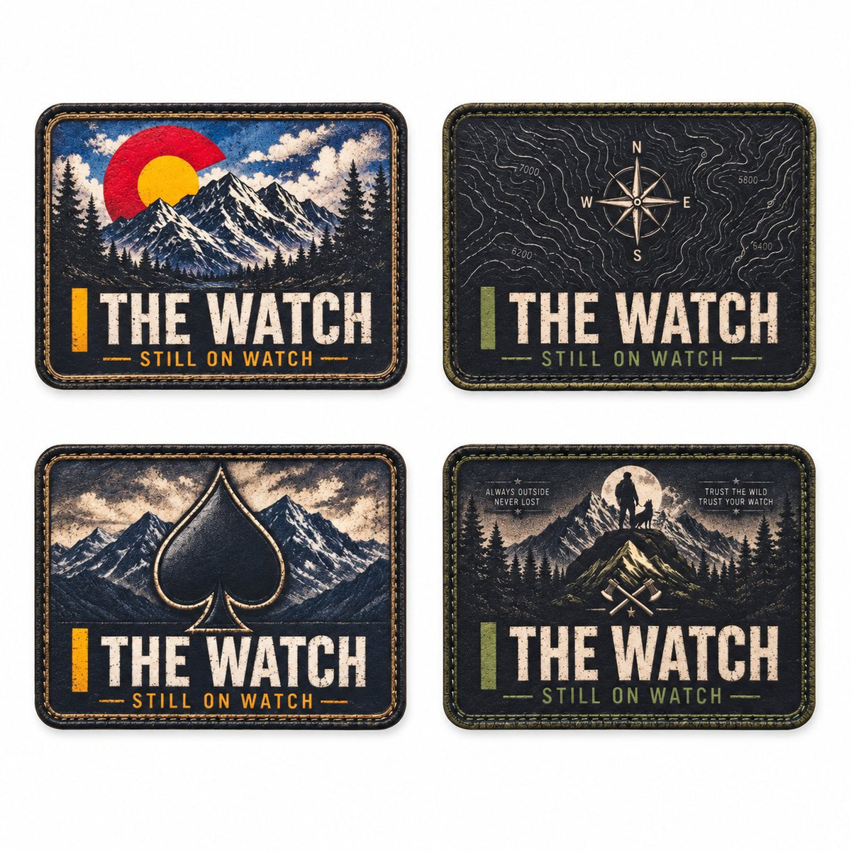 Four UV-printed leatherette hat patches: Colorado Mountains, Topographic Compass, Mountain Spade, and Hiker and Dog.
