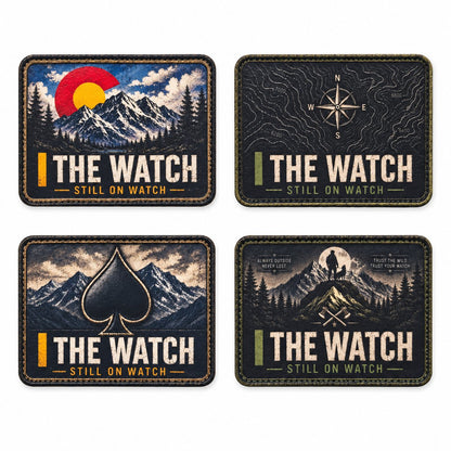 Four UV-printed leatherette hat patches: Colorado Mountains, Topographic Compass, Mountain Spade, and Hiker and Dog.